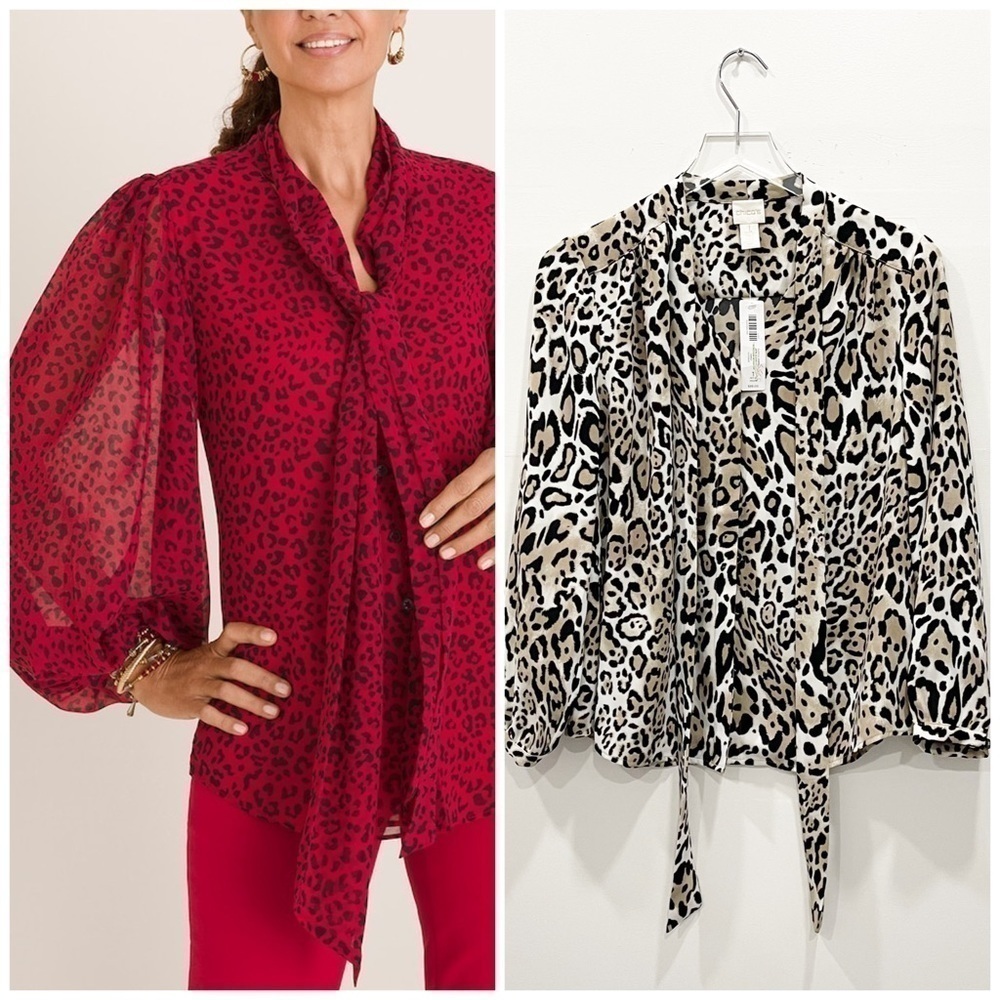 Chico’s Playful Animal Bow Blouse Pattern Woven Top Long Sleeve